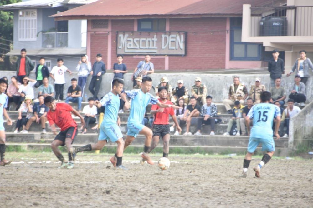 KSUM (red and black jerseys) defeated Team Gilgal 2-1 to reach the finals of the ongoing MDFA Trophy 2024 at Imkongmeren Sports Complex on October 26. (Morung Photo)
